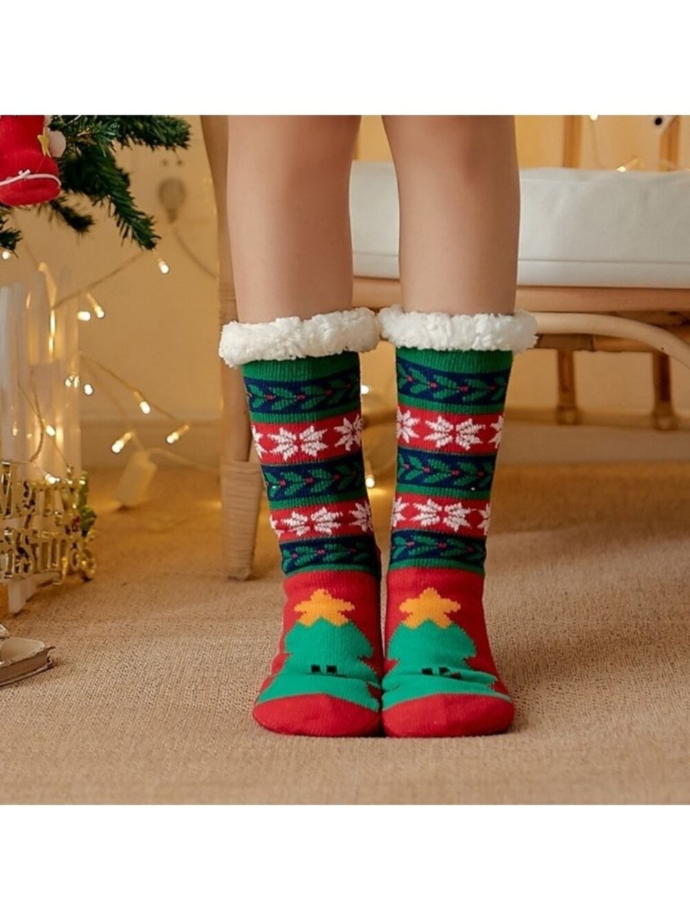 Ugly Christmas Cozy Winter Slipper Socks Knit Thermal Fleece Festive Tree
